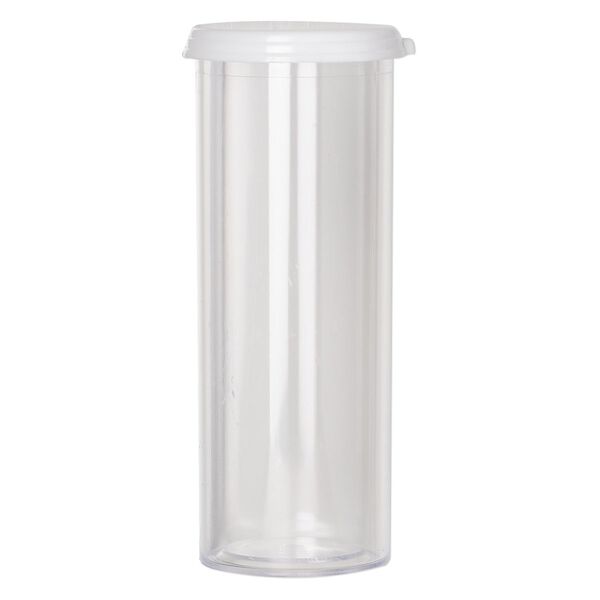Vial, polystyrene and plastic, clear and white, 3-7/16 x 1-1/4 inch extra-large vial with snap on cap. Sold per pkg of 4. image number 1