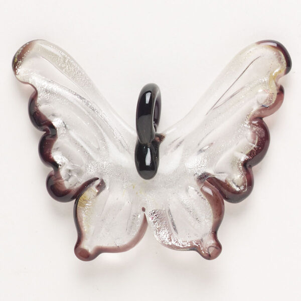Focal, lampworked glass, pkg/1, translucent and transparent clear and purple with silver-colored foil, 44x30mm-54x40mm butterfly. image number 0