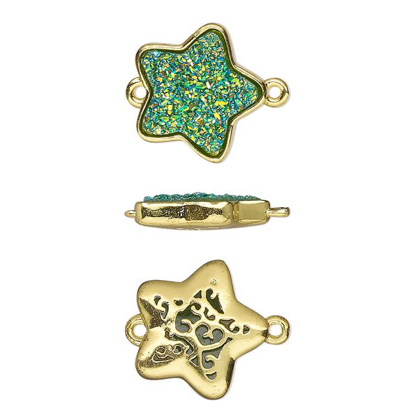 Link, Druzylite™, "druzy" (resin) and gold-finished brass, green, 15x14mm two-sided star with open filigree back. Sold per pkg of 4. image number 0