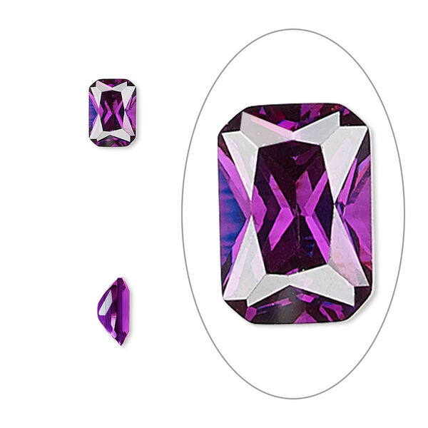 Gem, cubic zirconia, amethyst purple, 7x5mm faceted emerald-cut, Mohs hardness 8-1/2. Sold per pkg of 2. image number 0