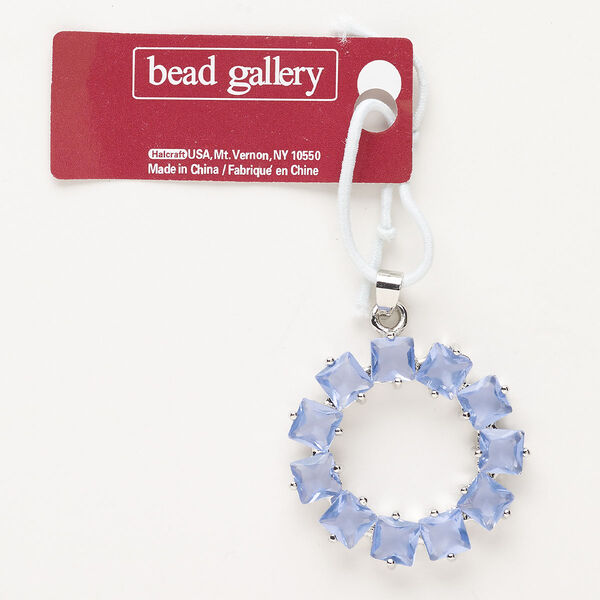 Pendant, "pewter" (zinc-based alloy) and glass, pkg/1, silver finish and light blue, 33mm open round. image number 0