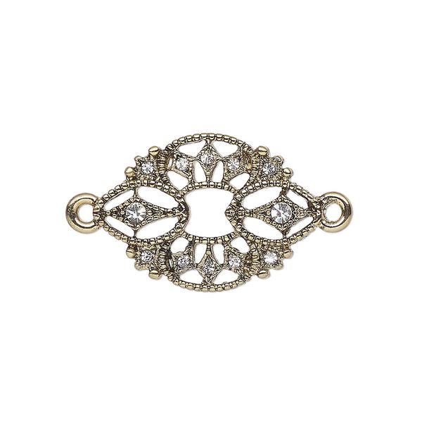 Link, antique brass-finished "pewter" (zinc-based alloy) and glass, clear, 24x17mm fancy oval. Sold individually. image number 0
