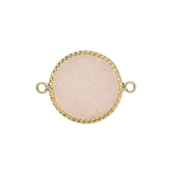 Link, druzy agate (dyed) and gold-plated sterling silver, pink, 17-19mm hand-cut single-sided flat round with twisted wire design. Sold individually. image number 0