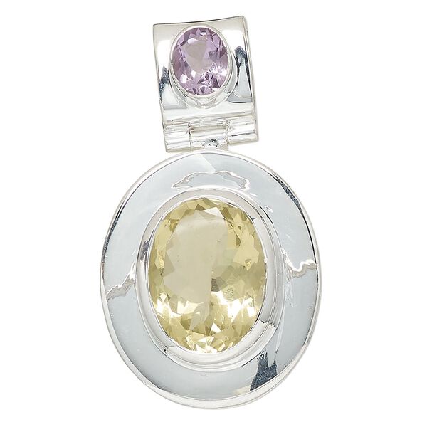 Pendant, lemon quartz (natural/heated)/amethyst (natural/heated)/sterling silver, 50x28mm oval. Sold individually. image number 0