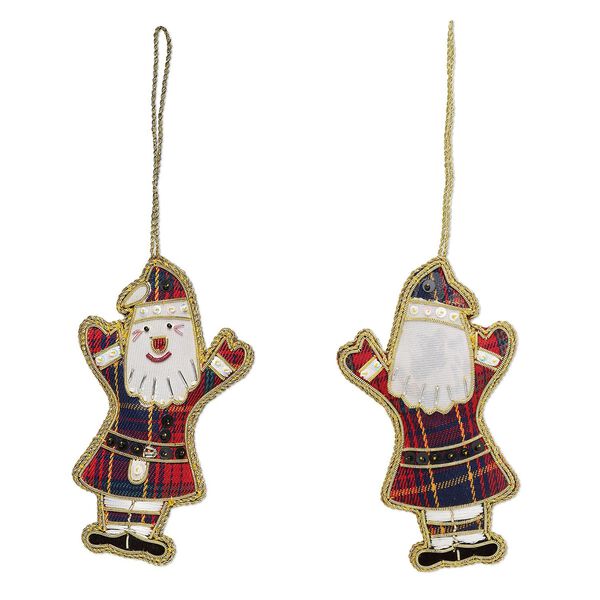 Ornament, tartan / glass pearl / gold- / silver-finished copper, multicolored, 8 inches with 4-1/2 x 2-1/2 inch two-sided Santa. Sold individually. image number 0