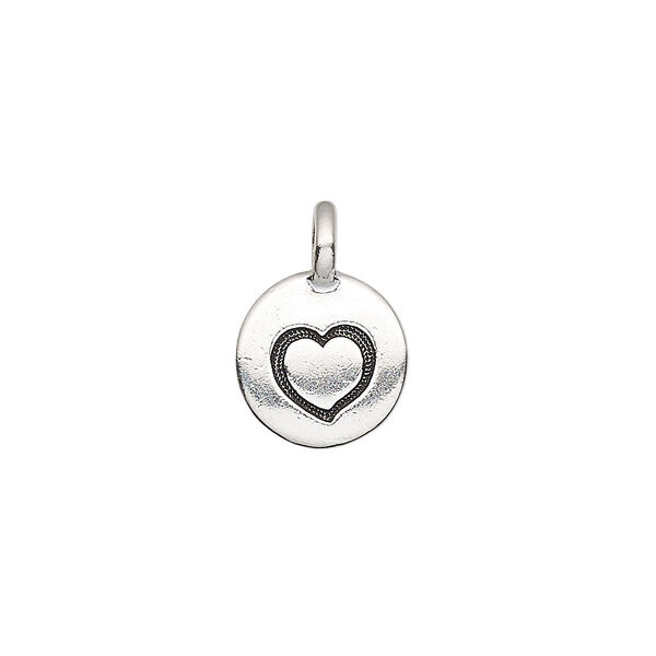 Drop, TierraCast®, antique silver-plated pewter (tin-based alloy), 11.5mm single-sided round with textured heart. Sold per pkg of 20. image number 0