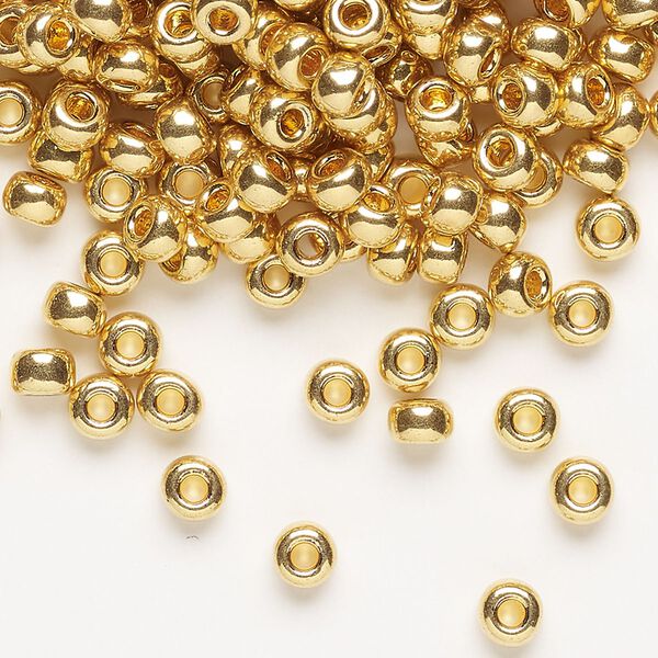 Seed bead, Miyuki, glass, pkg/4g, #6 rocaille, opaque 24Kt gold-plated (RR-191). image number 0