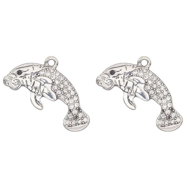 Focal, silver-finished "pewter" (zinc-based alloy) and glass, clear and black, 30x14mm single-sided manatee. Sold per pkg of 2. image number 0