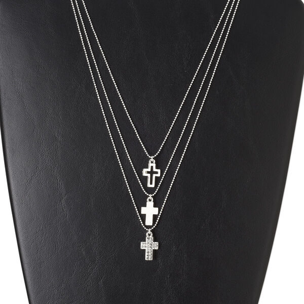 Necklace, 3-strand, glass with silver-plated brass and "pewter" (zinc-based alloy), clear, 16.5x12mm cross and open cross, 17-1/2 inches with 3-inch extender chain and lobster claw clasp. Sold individually. image number 0