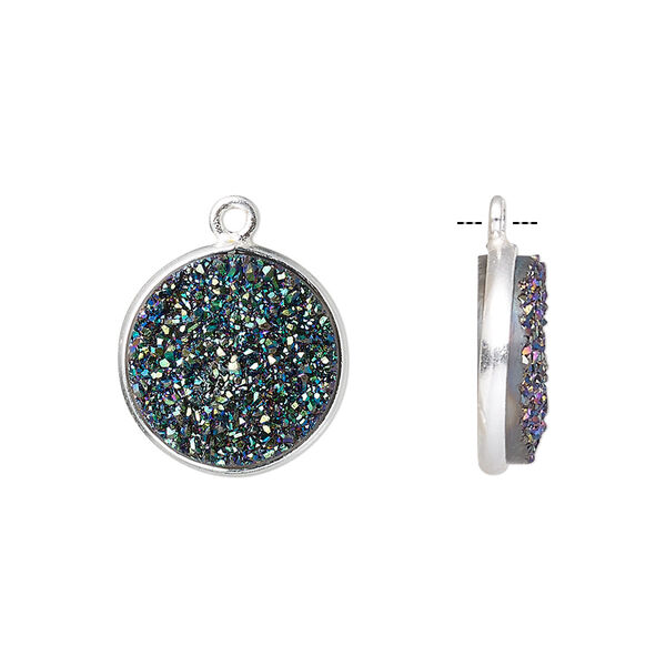 Druzy agate / sterling silver 1pkg1, electrocoated hand-cut flat round drop 15mm image number 0