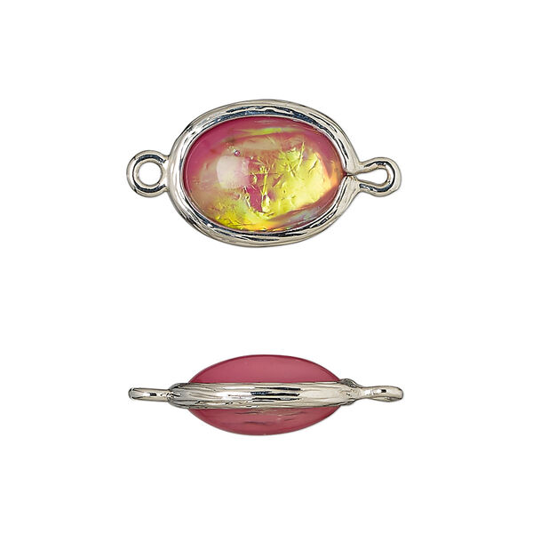 Link, Opalized Ice™, "opal" (resin) and imitation rhodium-finished brass, opaque light purple, 16x12mm double-sided oval. Sold per pkg of 4. image number 0