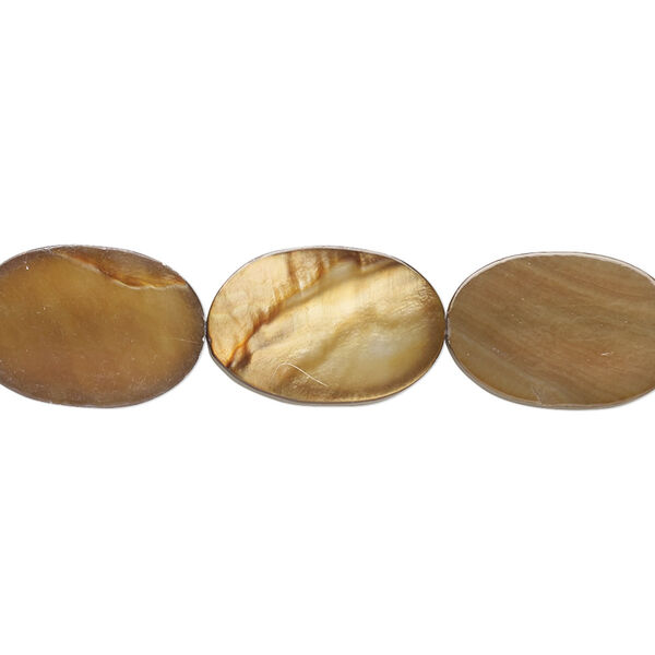 Bead, mother-of-pearl shell (dyed), golden brown, 16x11mm-17x10mm flat oval with 0.6-0.8mm hole, Mohs hardness 3-1/2. Sold per 15-inch strand. image number 0