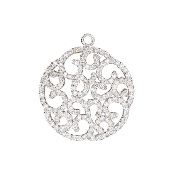 Drop, cubic zirconia and rhodium-plated sterling silver, clear, 24mm single-sided round with fancy design. Sold individually. image number 0