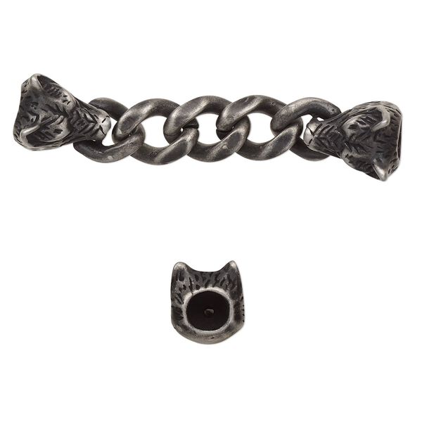 Focal, stainless steel, black, 51x9.5mm with 12.5x10mm wolf and 8.6mm curb chain with 2 glue-in cord ends, 3.5mm inside diameter. Sold individually. image number 0