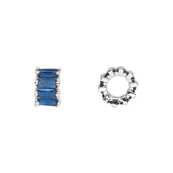 Bead, cubic zirconia and silver-plated brass, sapphire, 10.5x6mm rondelle. Sold per pkg of 2. image number 0