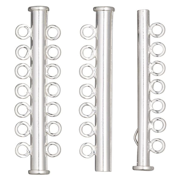 Clasp, 7-strand slide lock, sterling silver, 43x5.5mm tube. Sold individually. image number 0