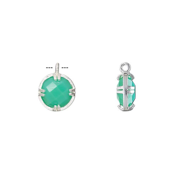 Drop, chalcedony (dyed) and sterling silver, sea green, 10mm double-sided faceted round. Sold individually. image number 0