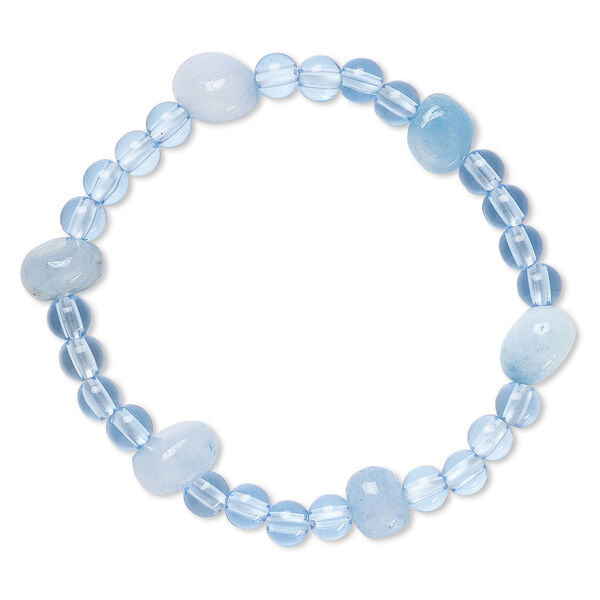 Bracelet, stretch, quartz (dyed) and acrylic, blue, 5mm round and mini to small nugget, 6-1/2 inches. Sold individually. image number 0