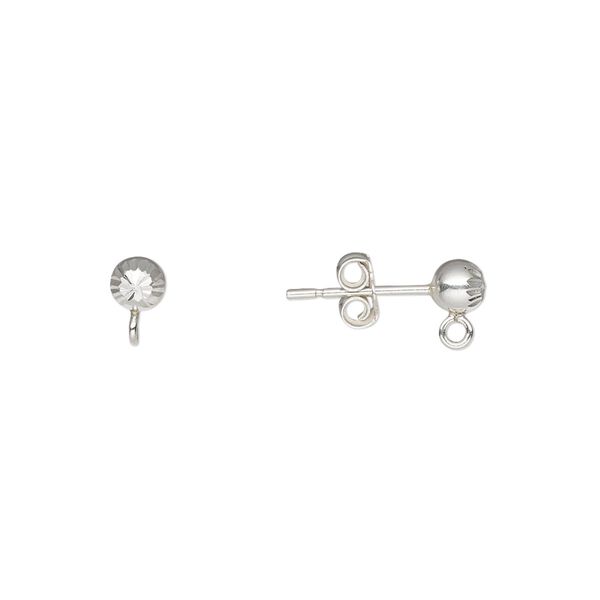 Earstud 1pkg2 sterling silver, 4mm diamond-cut ball / closed loop / earnuts, 1 pair image number 0