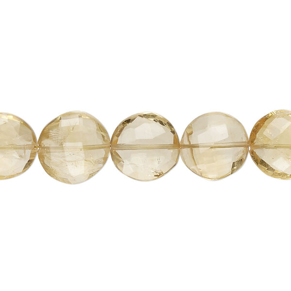 Citrine 1pkg1, hand-cut checkerboard-faceted puffed flat round bead 8 inch 10-12mm image number 0