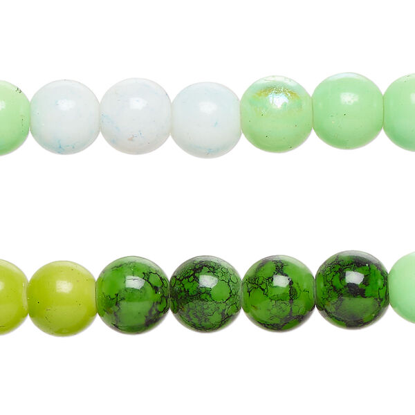 Bead, glass, opaque and translucent greens, 8-8.5mm round. Sold per pkg of (2) 7-inch strands, approximately 50 beads. image number 0