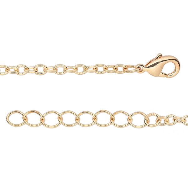 Chain, gold-finished brass, 2.5mm cable, 24 inches with 1-1/4 inch extender chain and lobster claw clasp. Sold per pkg of 2. image number 0