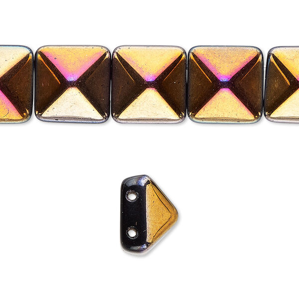 Spacer, Preciosa, Czech pressed glass, opaque black magenta gold, 11x11x7.5mm 2-strand pyramid, fits up to 5.5mm bead. Sold per 8-inch strand, approximately 15 spacers. image number 0