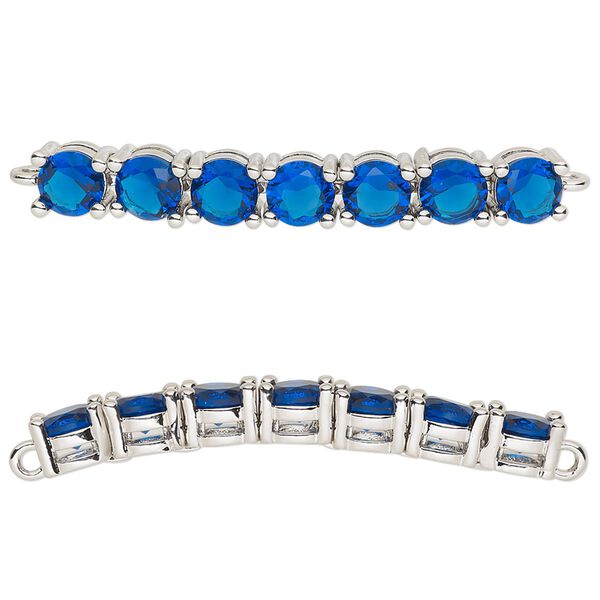 Focal, cubic zirconia and silver-plated brass, sapphire, 40x5mm curved rectangle. Sold individually. image number 0