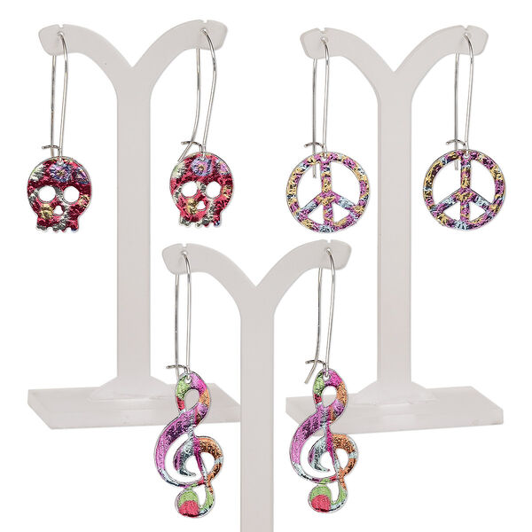 Earring mix, mylar / imitation rhodium-plated steel / "pewter" (zinc-based alloy), multicolored, 2-1/4 to 2-3/4 inches with peace sign / skull / music note and kidney ear wire. Sold per pkg of 3 pairs. image number 0