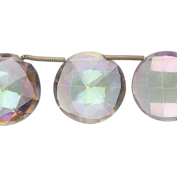 Quartz crystal 1pkg11, rainbow hand-cut top-drilled faceted puffed flat round bead 15-18mm image number 0