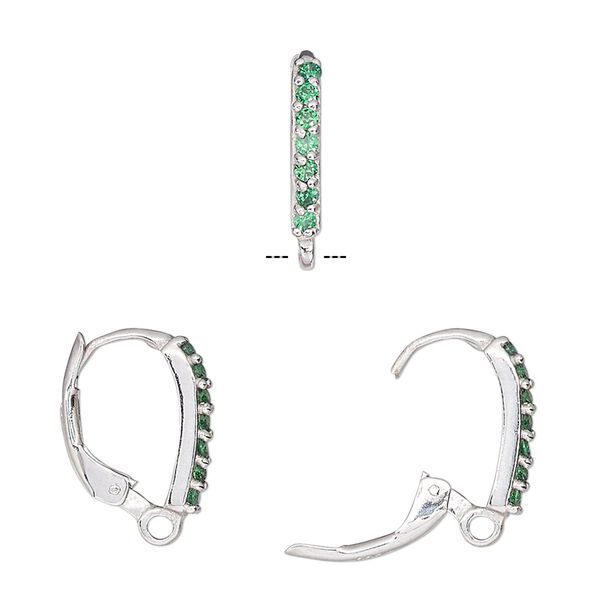 Ear wire leverback 1pkg2 sterling silver / cubic zirconia, 16mm / closed loop, green 1 pair image number 0
