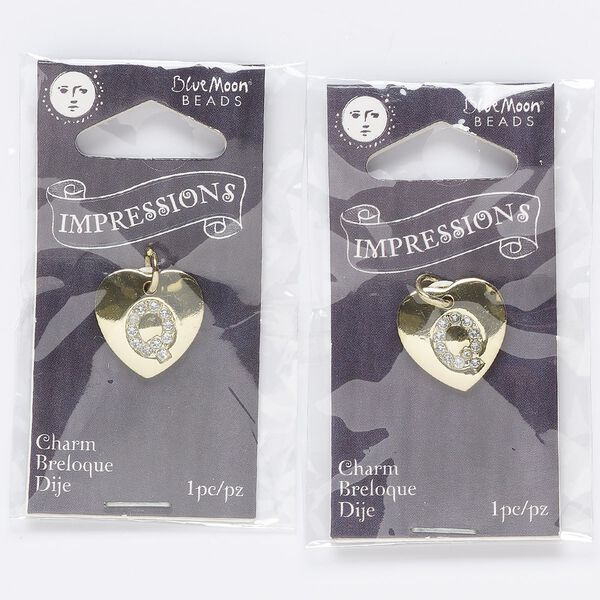 Charm, gold-finished "pewter" (zinc-based alloy) / steel / acrylic rhinestone, clear, 15.5x15mm single-sided puffed heart with letter "Q." Sold per pkg of 2. image number 0