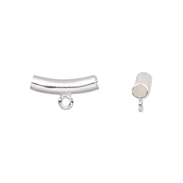 Bead, silver-plated brass, 14x4mm curved tube with loop. Sold per pkg of 20. image number 0