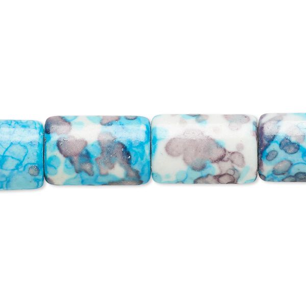 Bead, resin and painted ceramic, blue / white / grey, 15x10mm puffed rectangle. Sold per 15-1/2" to 16" strand. image number 0