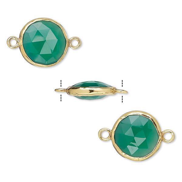 Link, green onyx (dyed) and gold-finished sterling silver, 12mm double-sided faceted round. Sold per pkg of 2. image number 0