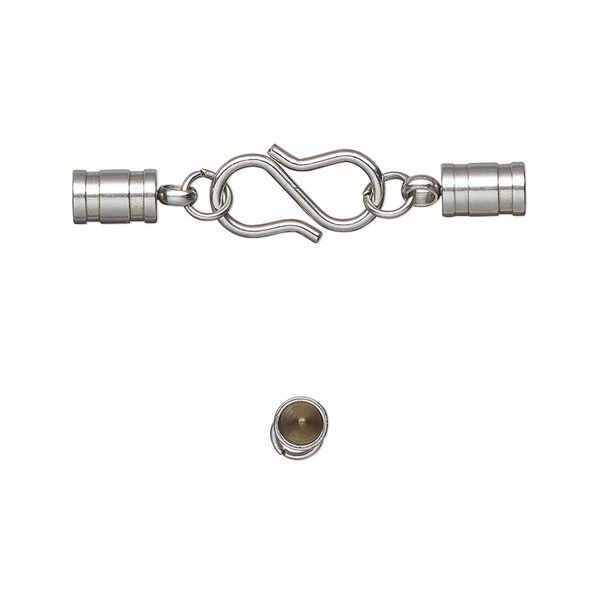 Clasp, S-hook, stainless steel, 32x7mm clasp with 13x7mm hook and 6x5mm glue-in tube ends, 3mm inside diameter. Sold individually. image number 0