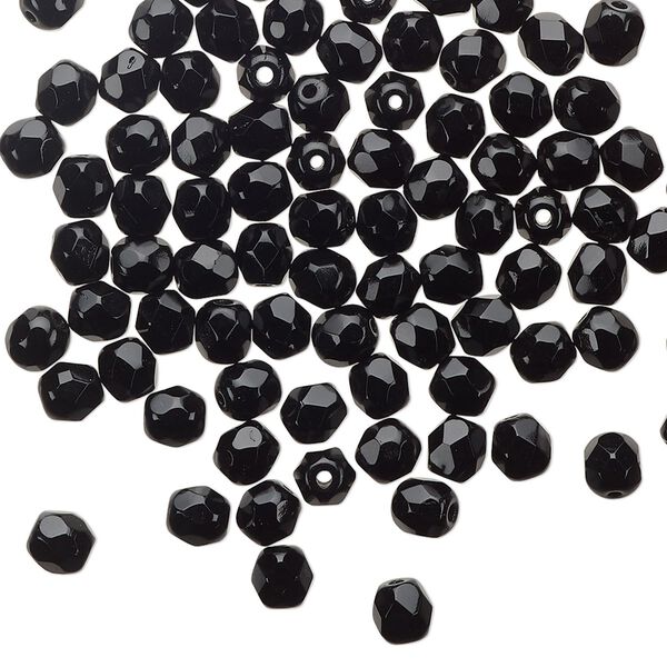Bead 1pkg1 Czech fire-polished glass, 4mm faceted round, 1 mass opaque jet black image number 0