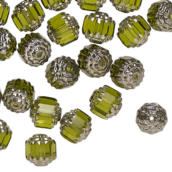 Czech pressed glass 1pkg50, cathedral bead olive green / metallic silver 8mm image number 0