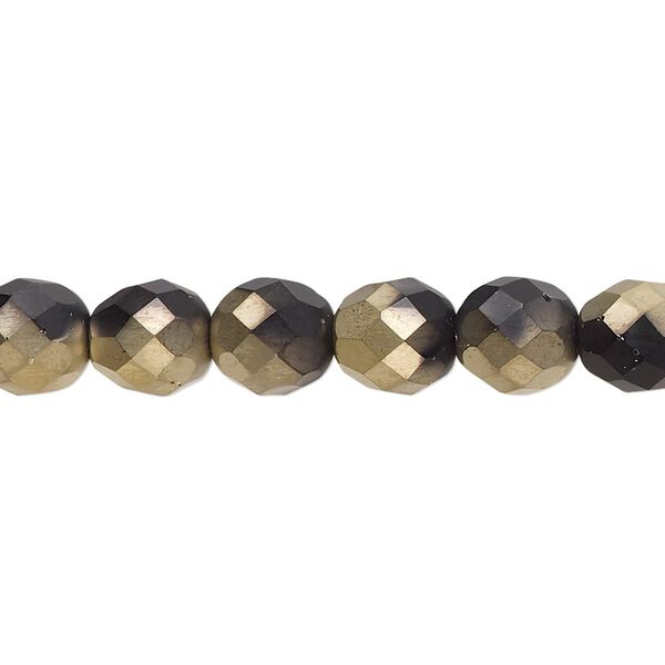 Bead, Czech fire-polished glass, opaque black half-coated matte gold amber, 8mm faceted round. Sold per 15-1/2" to 16" strand. image number 0