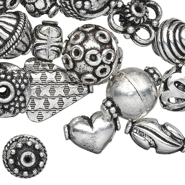 Bead and bead cap, antique silver-plated copper, 12x6mm-17x17mm assorted sizes in 50 styles, 2 of each style. Sold per pkg of 100. image number 0