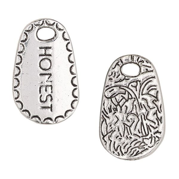 Drop, antique silver-finished "pewter" (zinc-based alloy), 26x16.5mm two-sided flat freeform with "HONEST" and abstract design. Sold per pkg of 2. image number 0