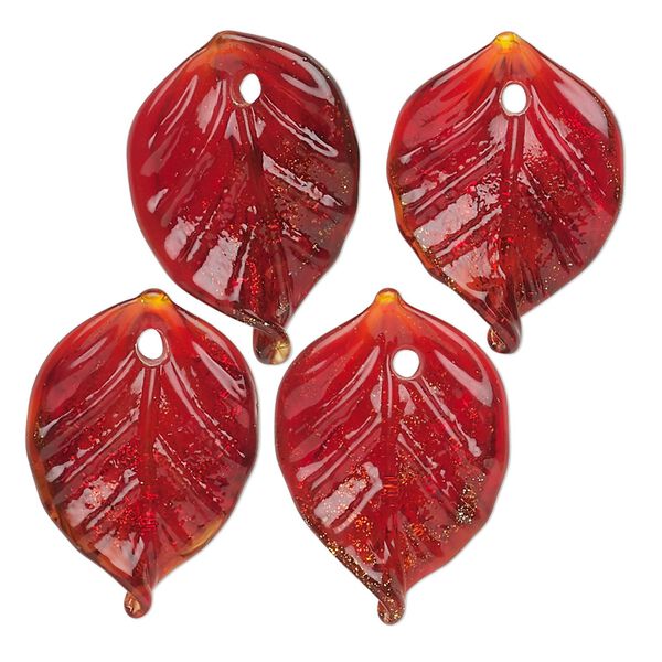 Drop, lampworked glass, translucent red and gold, 22x15mm leaf. Sold per pkg of 4. image number 0