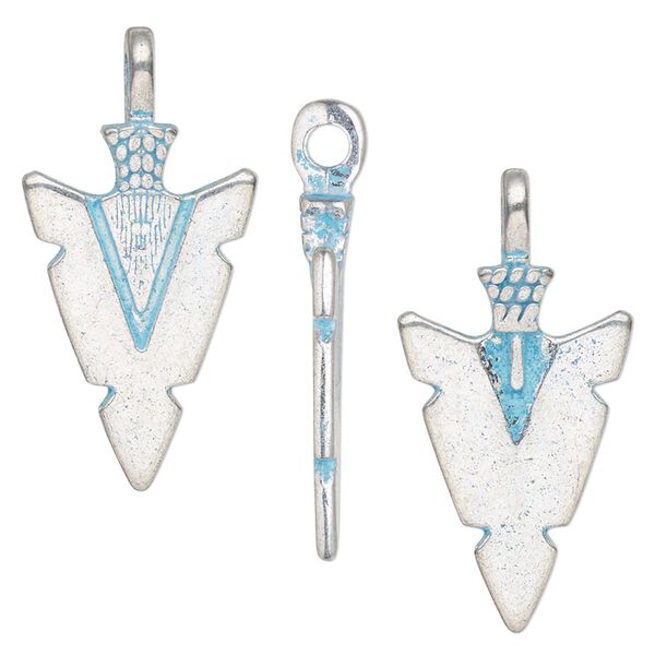 Charm, antique silver-finished pewter (tin-based alloy), blue patina, 25x16mm two-sided arrowhead. Sold per pkg of 4. image number 0