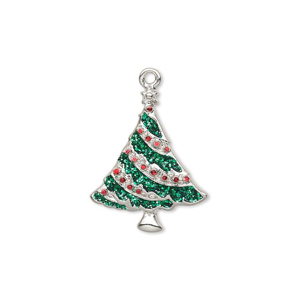 Charm, enamel and silver-plated "pewter" (zinc-based alloy), red and green with glitter, 21x17mm single-sided Christmas tree. Sold individually. image number 0