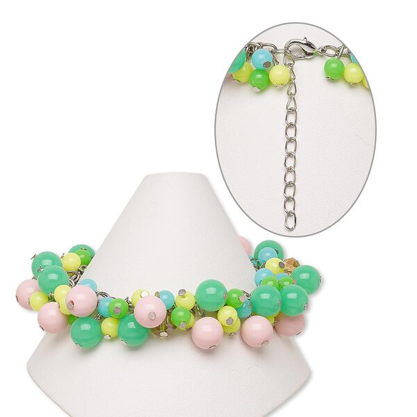 Bracelet, acrylic / glass / silver-finished steel / brass, multicolored, 24mm wide, 7-1/2 inches with 2-inch extender chain and lobster claw clasp. Sold individually. image number 0