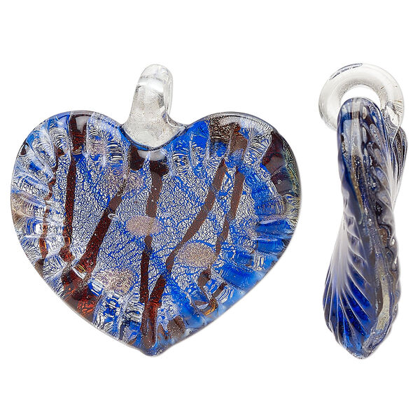 Focal, lampworked glass, clear / translucent cobalt blue / translucent brown, 45x36mm-46x39mm wavy textured heart with copper-colored glitter and silver-colored foil. Sold individually. image number 0