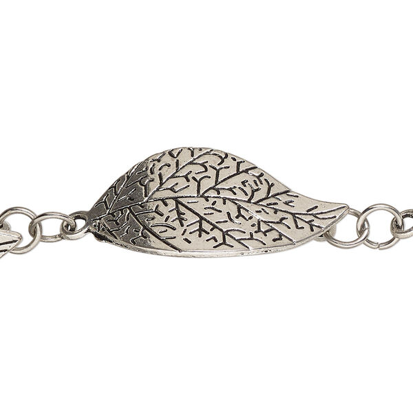 Link, antique silver-finished "pewter" (zinc-based alloy) and steel, 28x15mm textured curved leaf. Sold per pkg of 6. image number 0