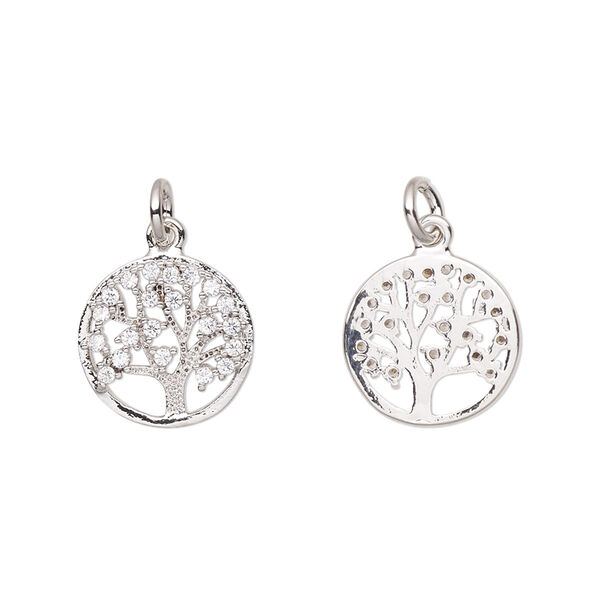 Charm, cubic zirconia and silver-plated brass, clear, 13mm single-sided tree of life with 5mm jump ring. Sold per pkg of 2. image number 0