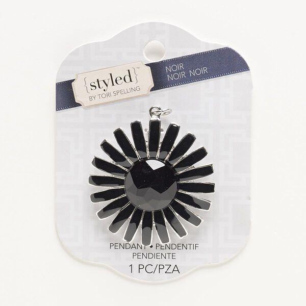Focal, enamel / acrylic / silver-finished "pewter" (zinc-based alloy), black, 48x48mm flower with hidden loop. Sold individually. image number 0