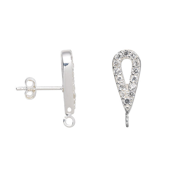 Earstud, cubic zirconia and sterling silver, clear, 18x7mm open teardrop with open loop. Sold per pair. image number 0
